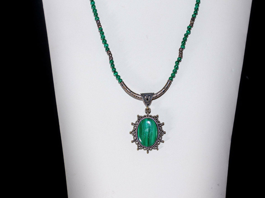 Malachite, oxidized silver necklace, ethnic pendant 