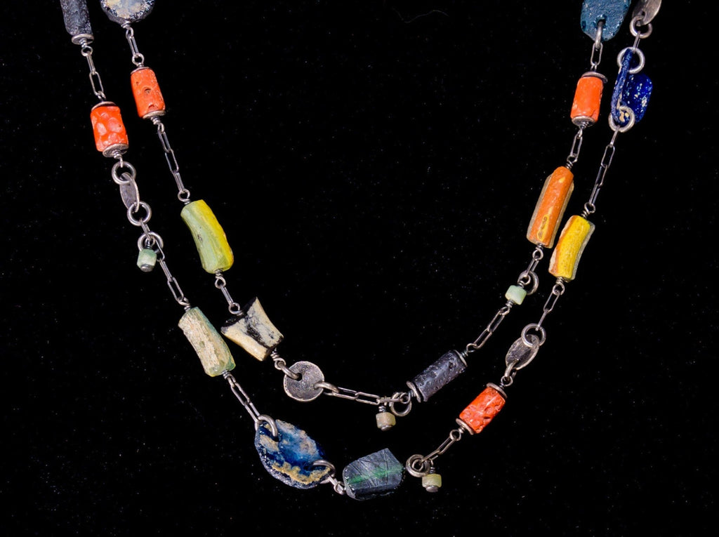 Long Necklace of Roman Glass, Antique Coral,  Oxidized Sterling Silver, Lava, Chrysoprase and Emerald