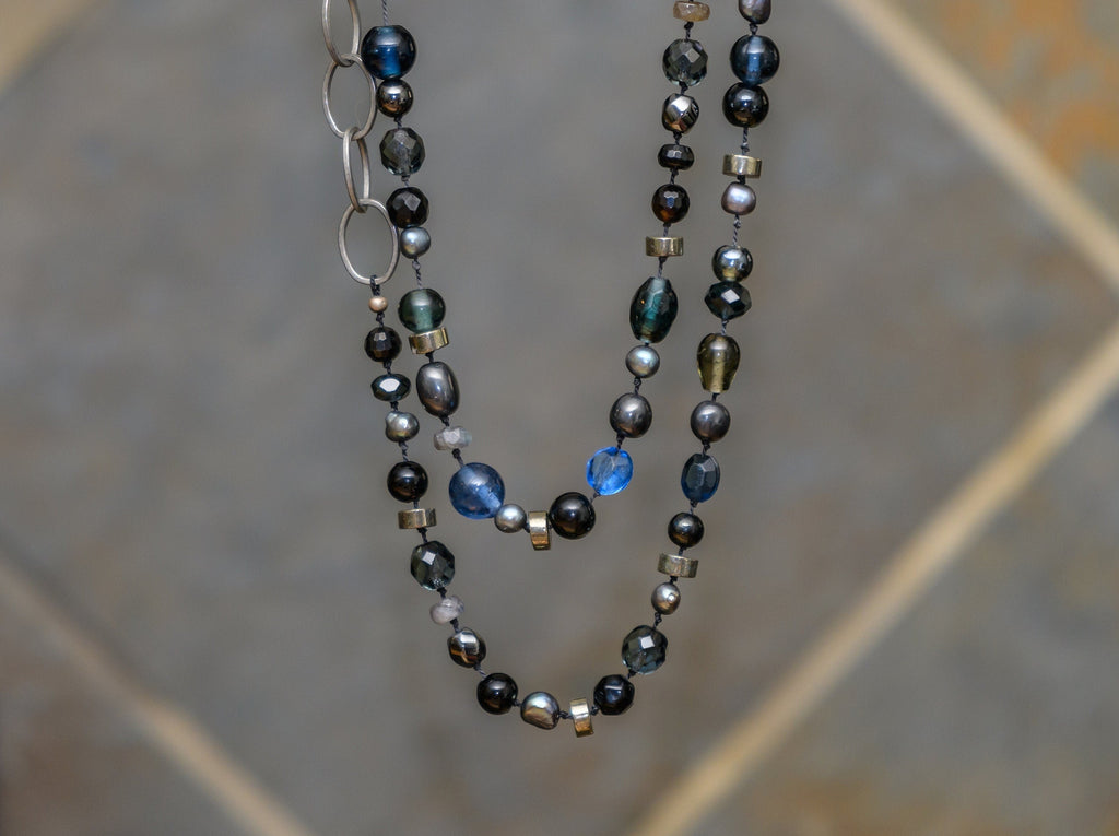 Long Labradorite, Pearl and Pyrite Vintage Hand-knotted Necklace