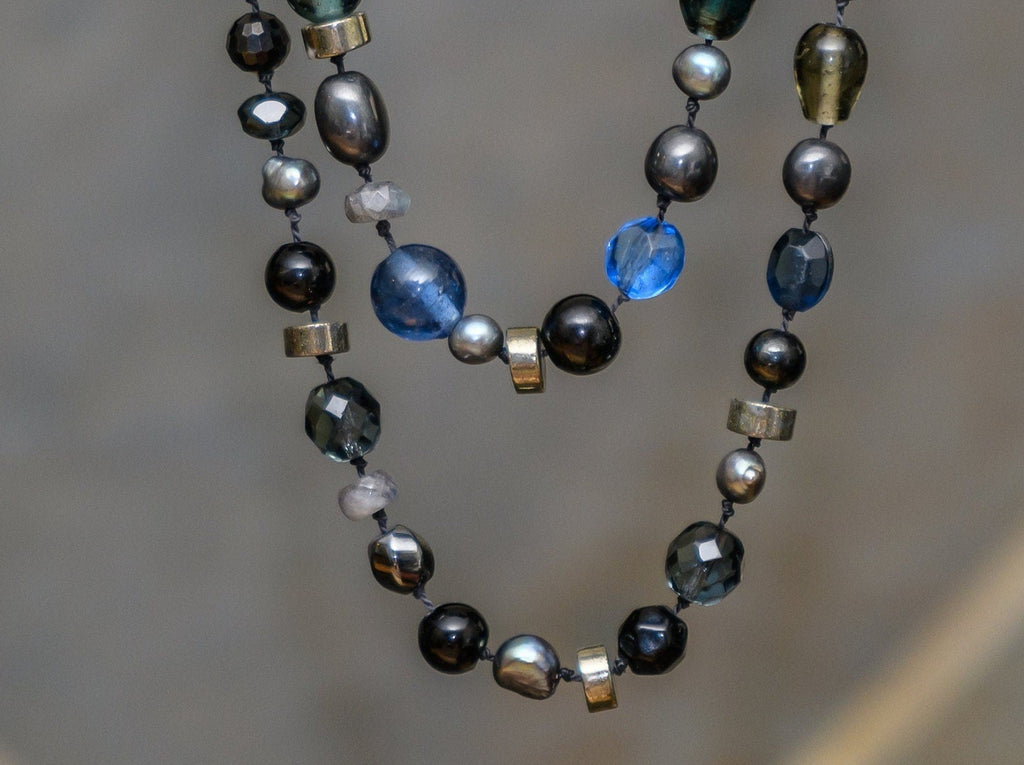 Long Labradorite, Pearl and Pyrite Vintage Hand-knotted Necklace