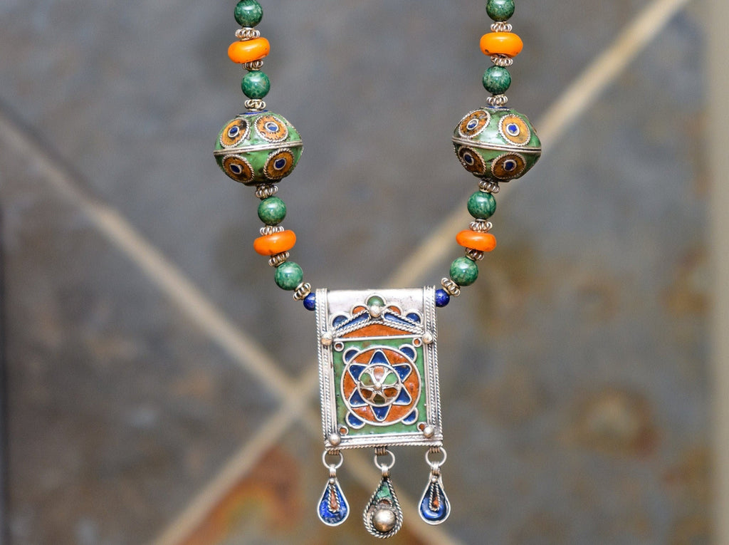 Berber Star of David Necklace with Enameled beads, African Green Jade and Vintage Berber Amber Resin