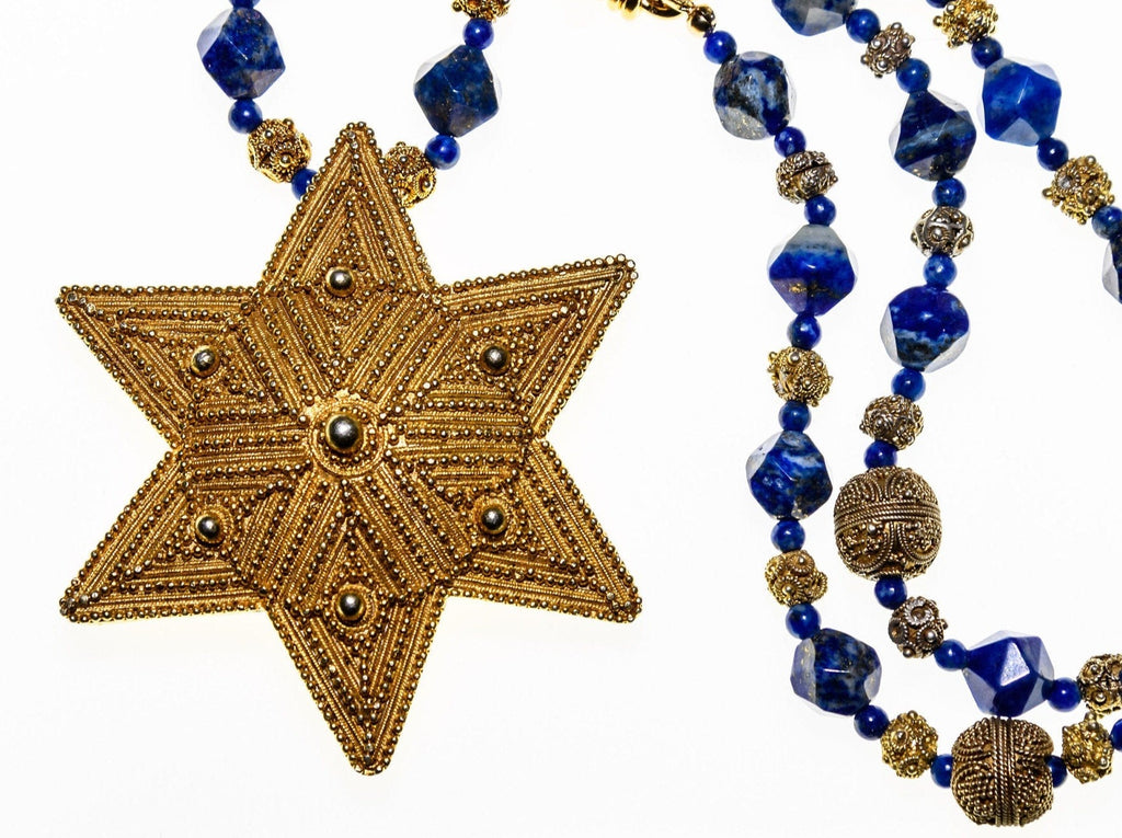Lapis Lazuli and Mauritanian Gold-Wash Silver Necklace with Mauritanian Gold Wash Star of David