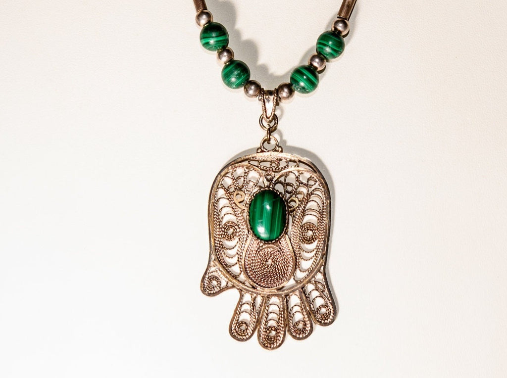 Vintage Sterling Silver Filigree Hamsa Necklace with Malachite and Green Jade
