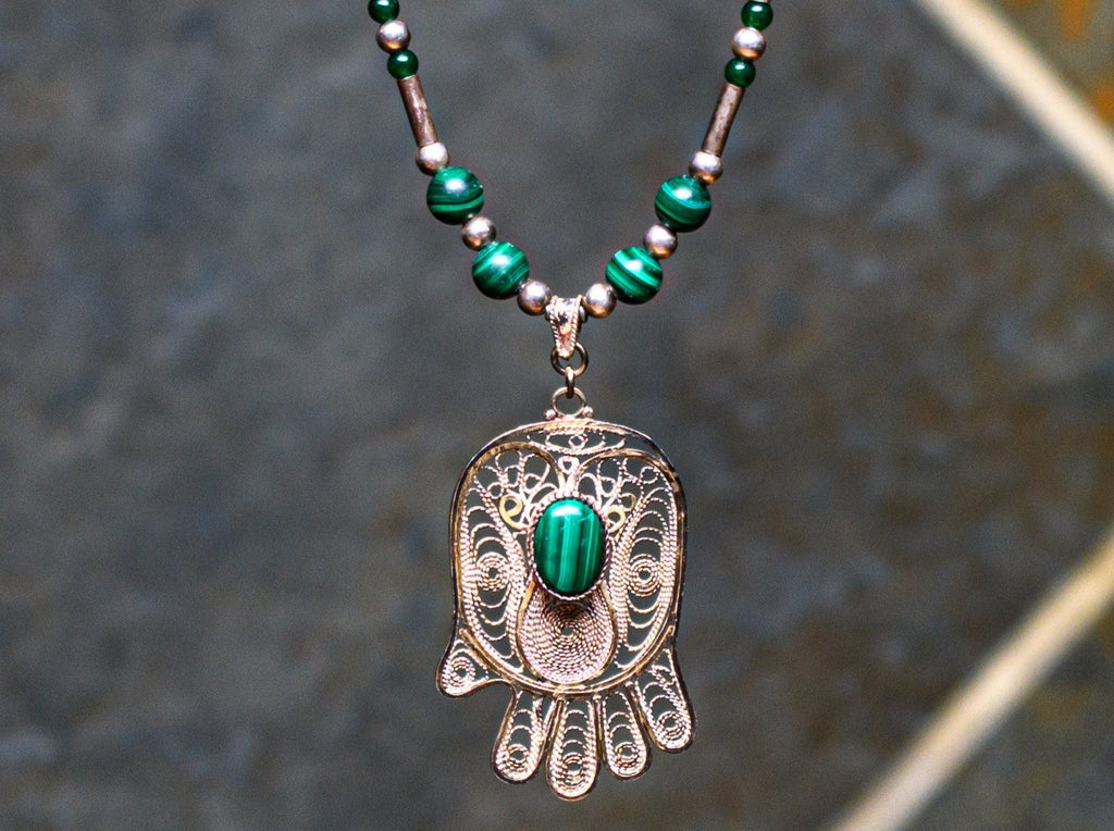 Vintage Sterling Silver Filigree Hamsa Necklace with Malachite and Green Jade