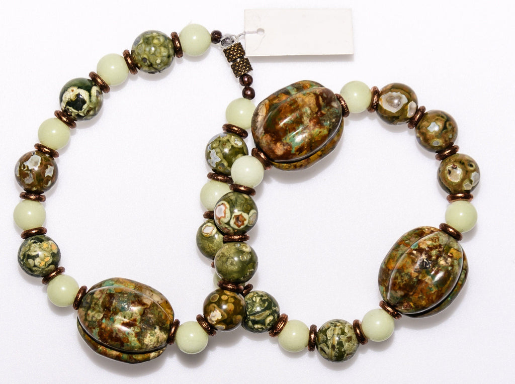 Rainforest Agate, Chinese Carved Turquoise and Aragonite Glow in the Dark Necklace
