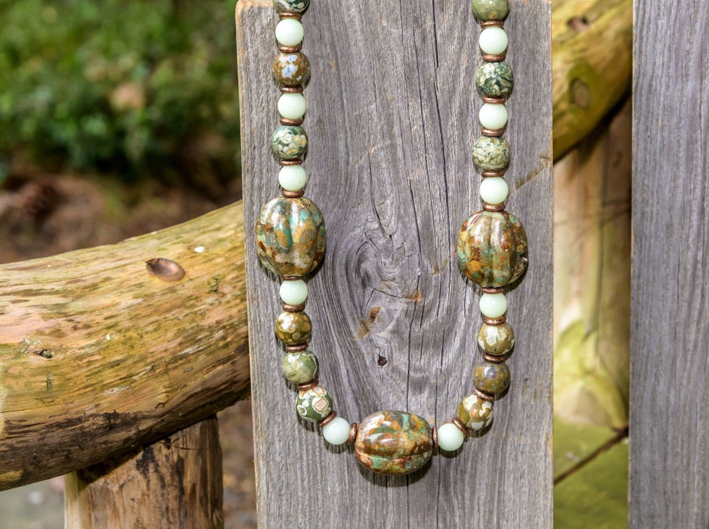 Rainforest Agate, Chinese Carved Turquoise and Aragonite Glow in the Dark Necklace