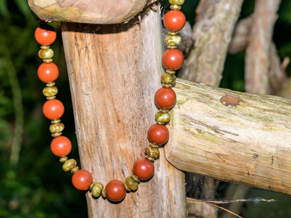 Red Jasper, Russian Rainforest Serpentine, and African Brass Ethnic-style Necklace