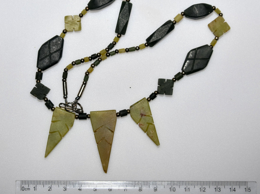 Ancient-style Necklace of Green Serpentine, Scorzalite, and Green Chalcedony