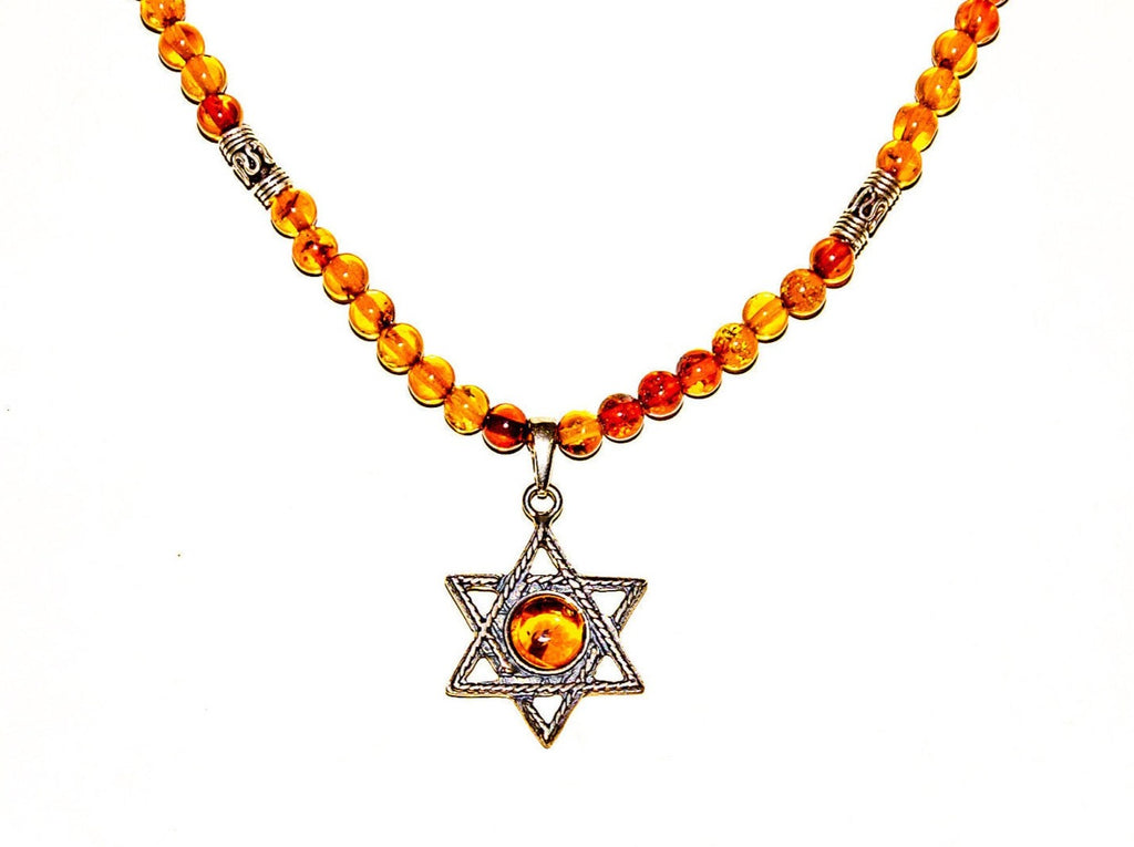 Necklace of Genuine Baltic Amber and Sterling Silver Star of David