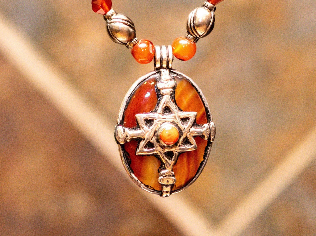 A Vintage Moroccan Star of David Necklace  with Carnelian, Silver and Silver Alloy Yemenite Beads