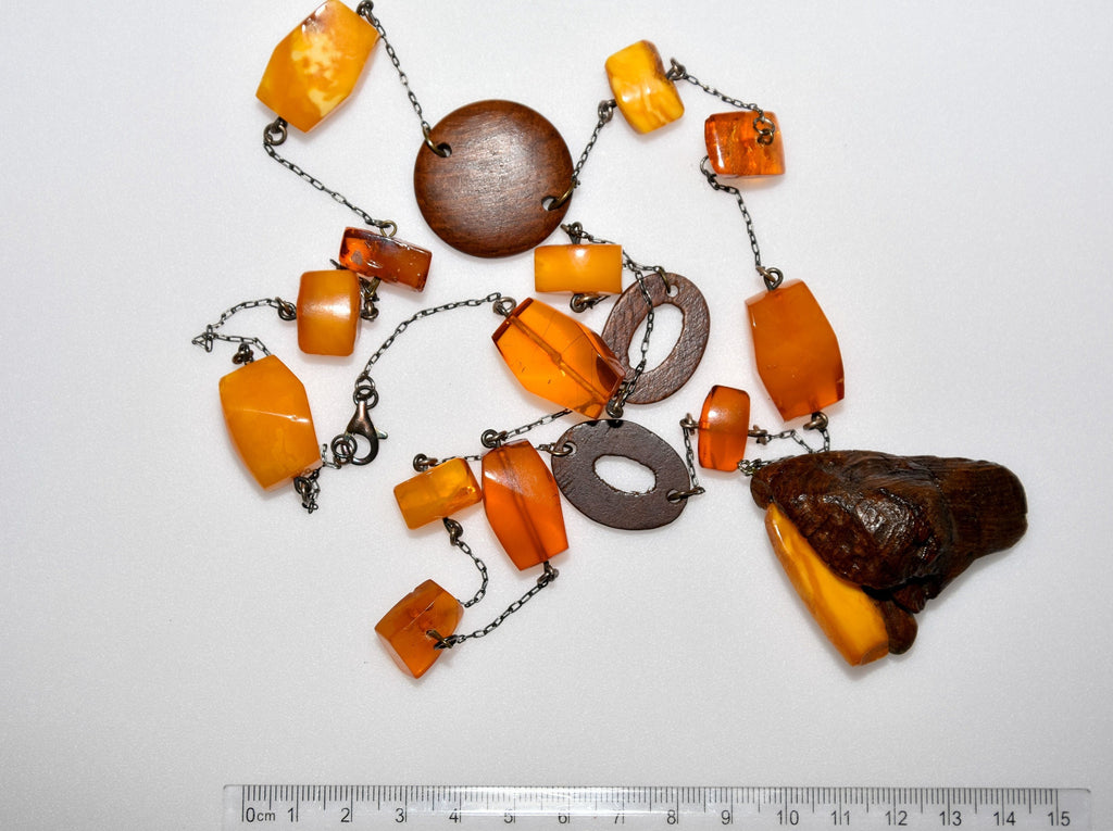 Rustic Genuine Baltic Amber and Wood Necklace