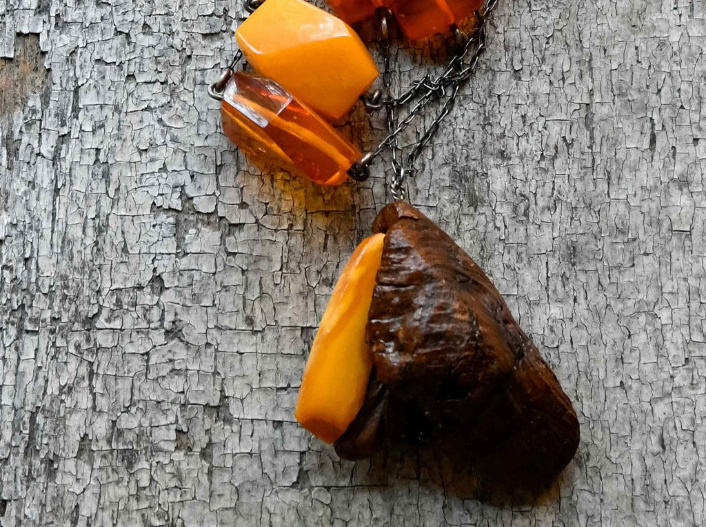 Rustic Genuine Baltic Amber and Wood Necklace