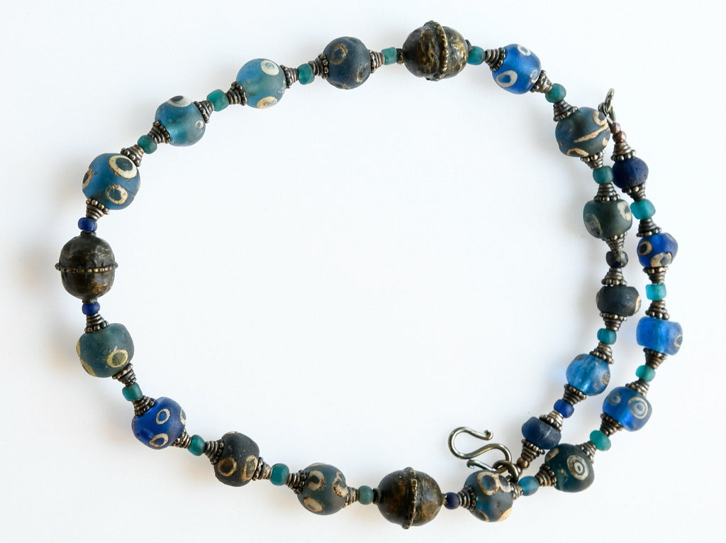 Ancient Islamic Period  Evil Eye Glass Beads Necklace with Ancient Nila Beads, Old Oxidized Silver Ethiopian Beads, and Sterling Silver