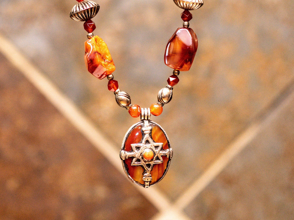 A Vintage Moroccan Star of David Necklace  with Carnelian, Silver and Silver Alloy Yemenite Beads
