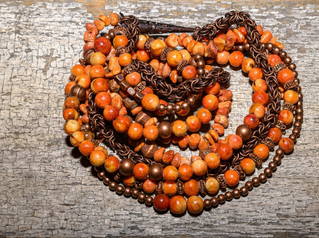 Multi-strand Apple Coral and Copper Statement  Necklace