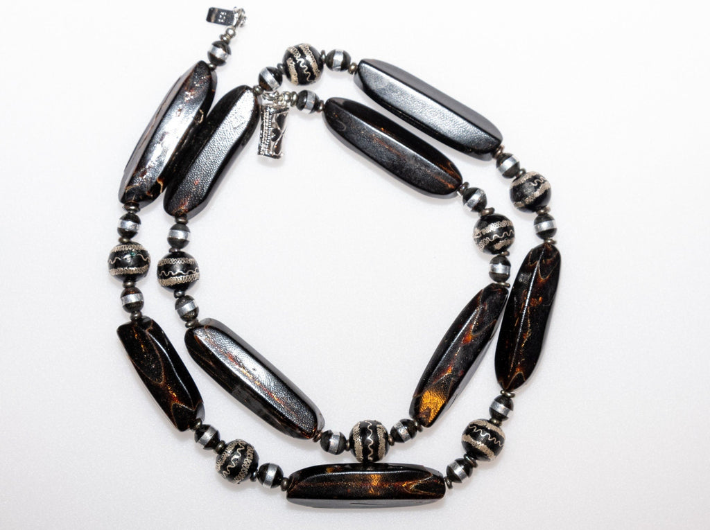 Necklace of Silver-Inlaid black Yemenite Coral, Black Sponge Coral and Sterling Silver