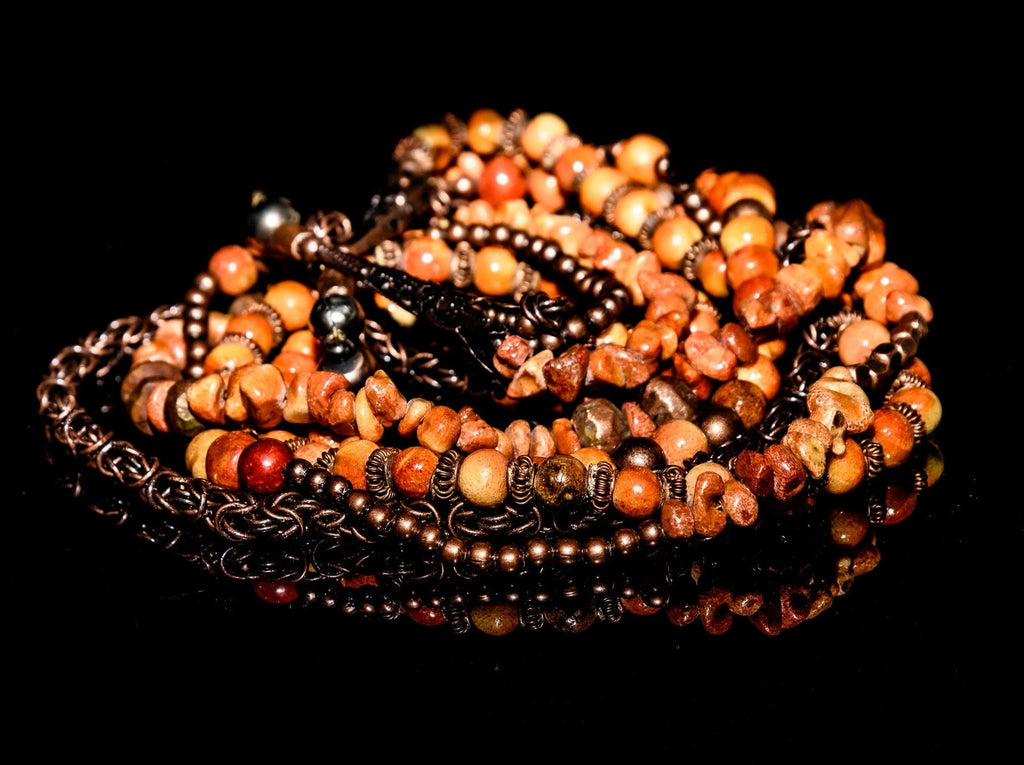 Multi-strand Apple Coral and Copper Statement  Necklace