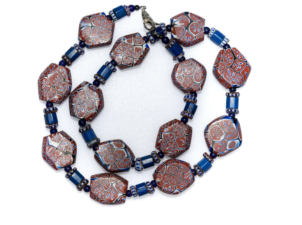 Antique African Trade Beads in a Necklace with Large Rare Tabular Millefiori, Awale, Russian Blues, and Blue Antique Bohemian Round spacers.