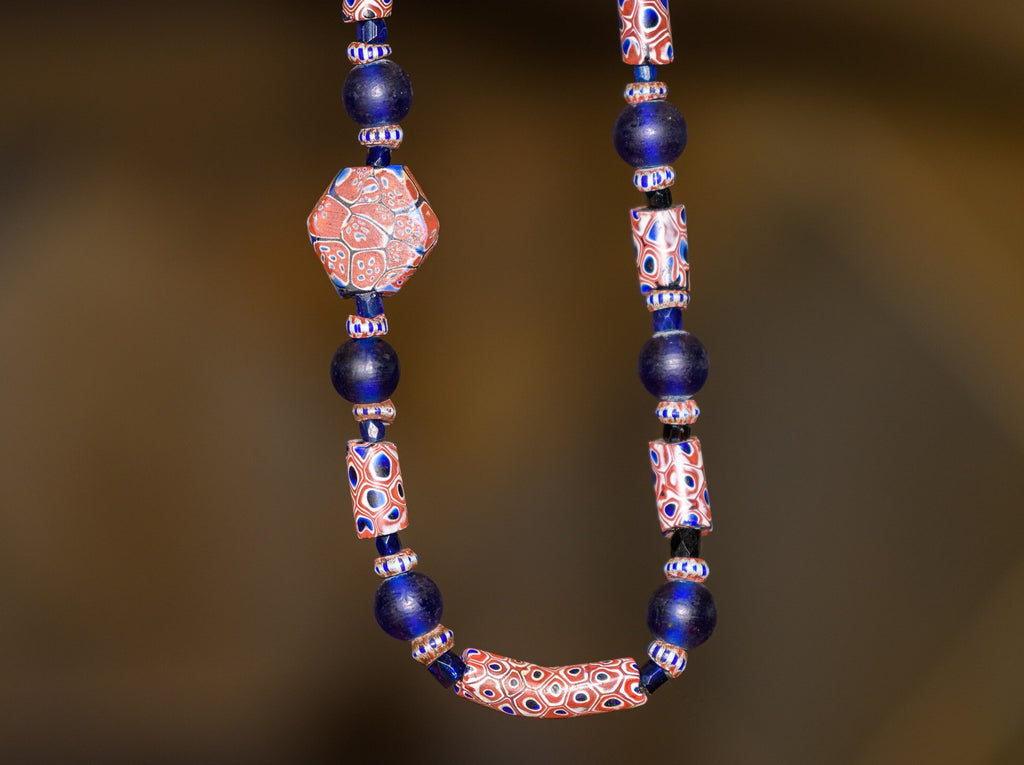 Antique African Trade Beads in an Asymmetric Necklace of with Large Rare Millefiori, Awale, Russian Blues, and Dutch Dogon Beads.