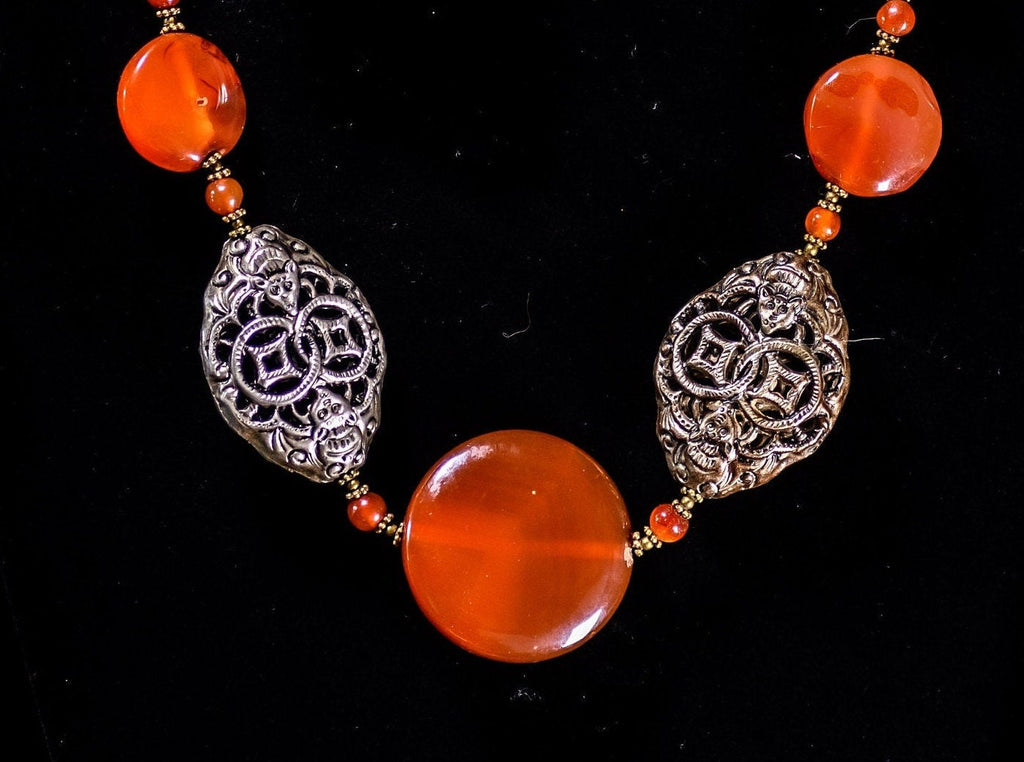 A Necklace of Antique African Trade Coin Carnelian Beads Strung with Moroccan Ethnic Beads
