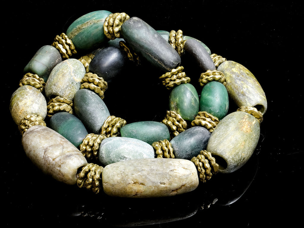 A Necklace of Ancient Serpentine, Jasper and Amazonite Beads