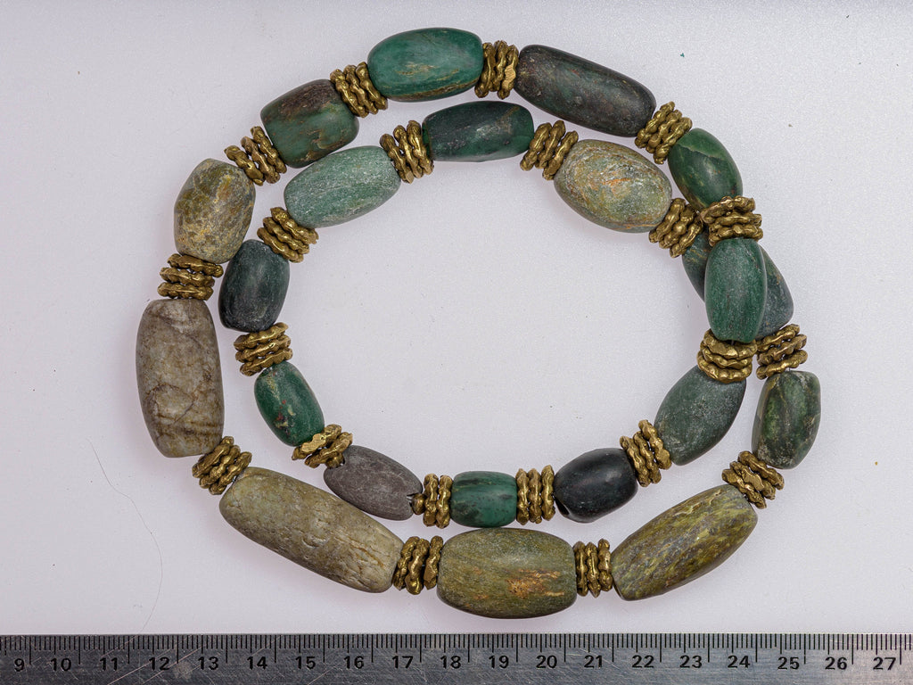 A Necklace of Ancient Serpentine, Jasper and Amazonite Beads