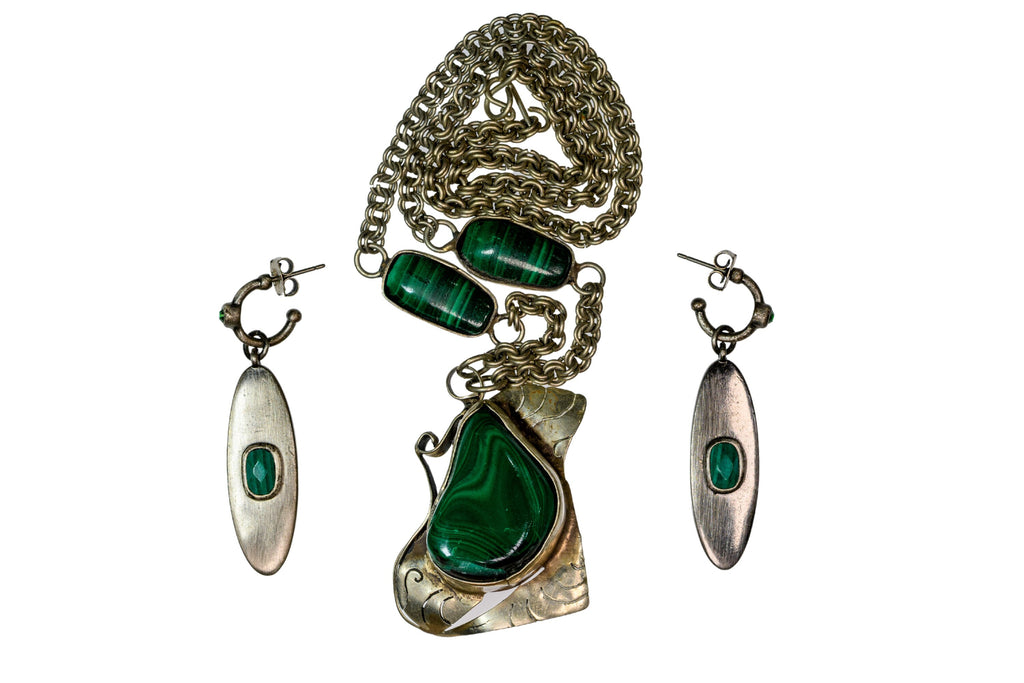 Vintage Malachite and Silver Necklace and Earrings Set