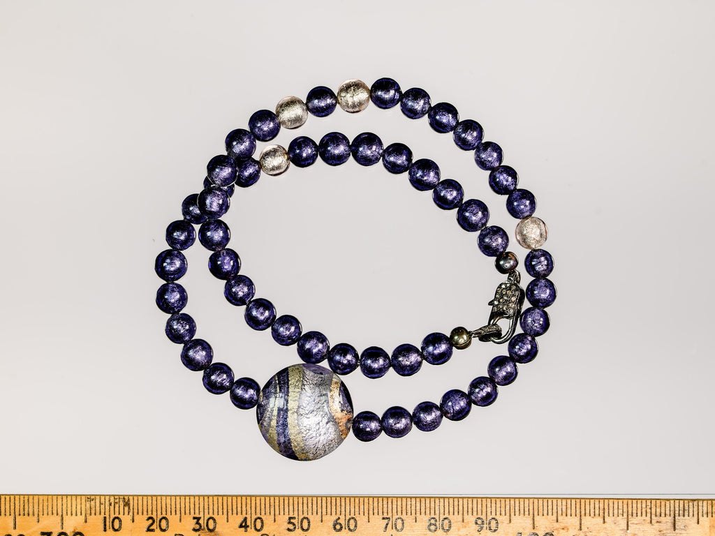 Murano Glass Choker with Plum and 24K White Gold Leaf Beads And Pave Diamond and Oxidized Sterling Silver Clasp