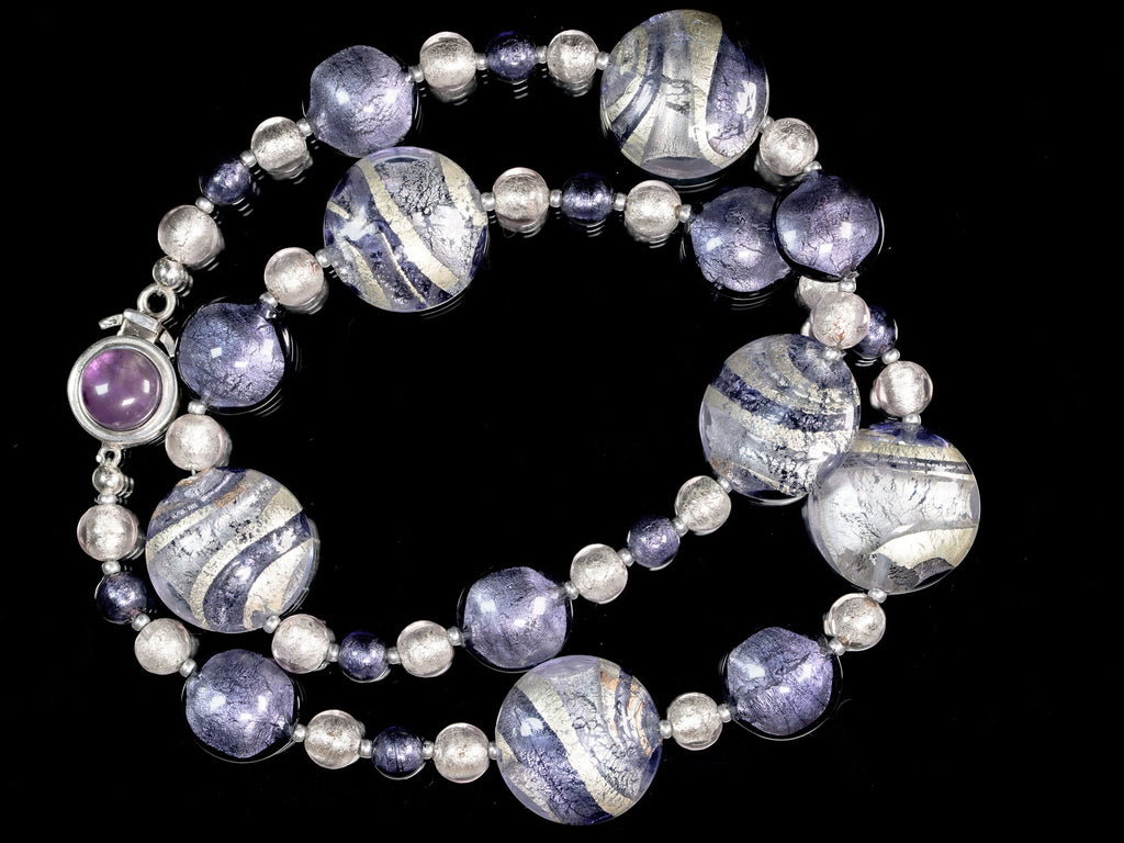 Murano Glass Necklace With Plum and White Gold Leaf Beads