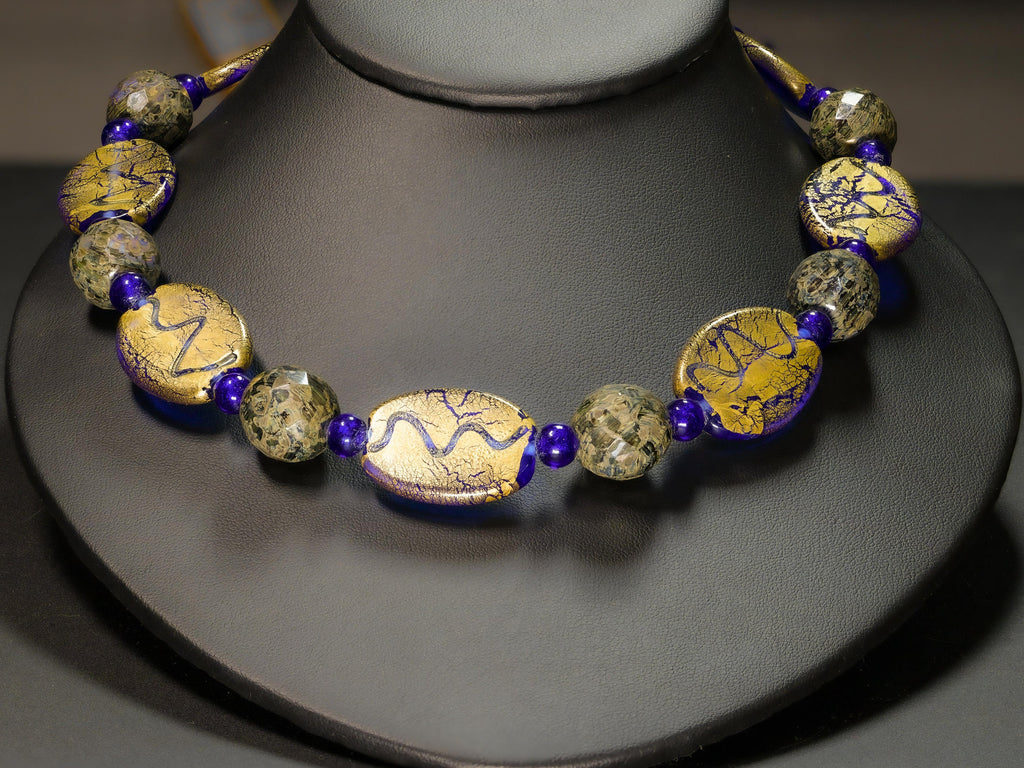 Gold  Foil and Blue Czech and Murano Glass Necklace