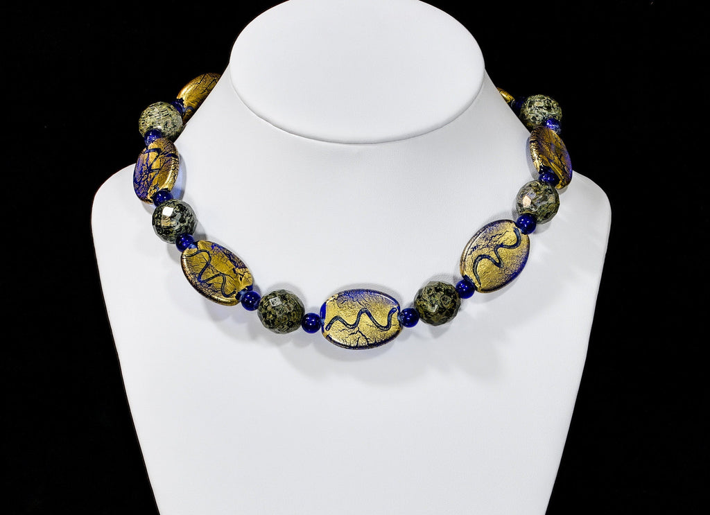 Gold  Foil and Blue Czech and Murano Glass Necklace