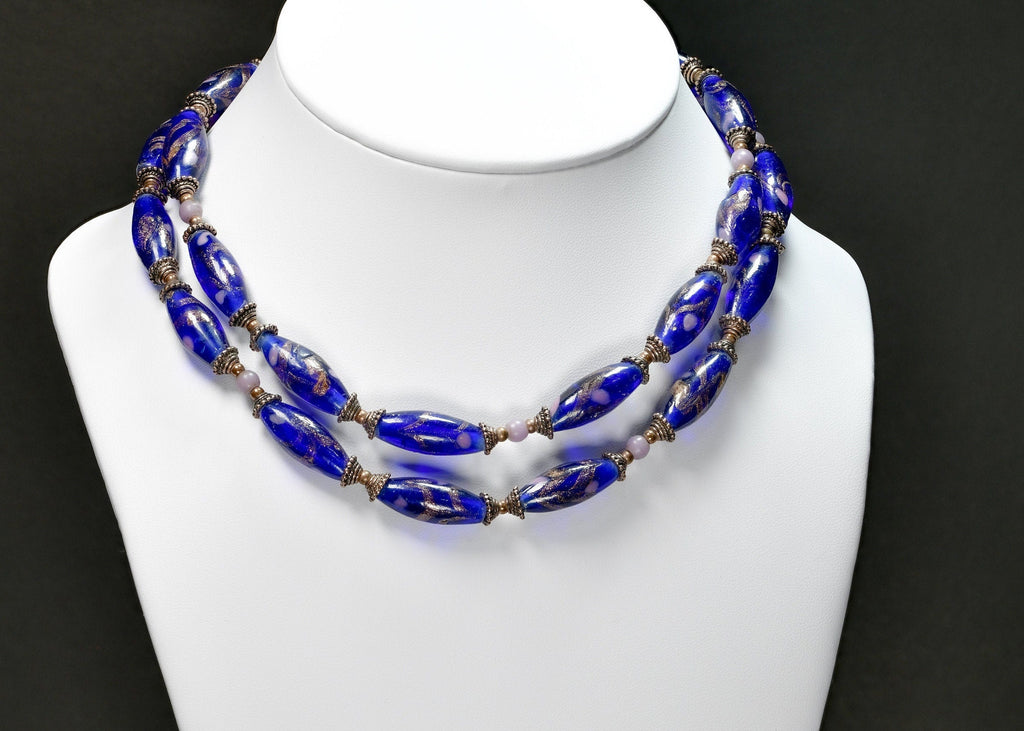 Vintage Murano Cobalt Blue Aventurine Necklace with Copper Accents