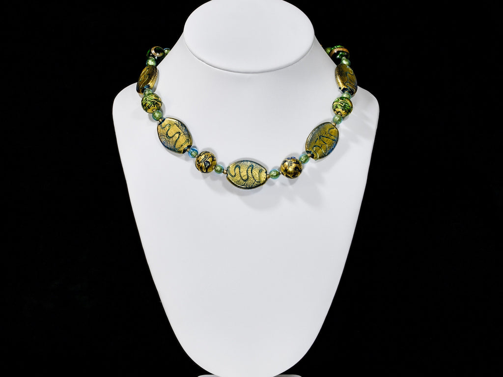 Gold  Foil and Green Czech and Murano Glass Necklace