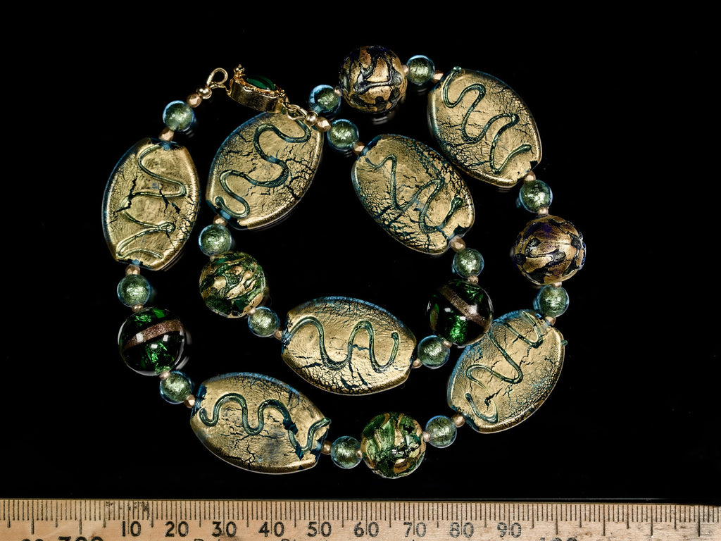 Gold  Foil and Green Czech and Murano Glass Necklace