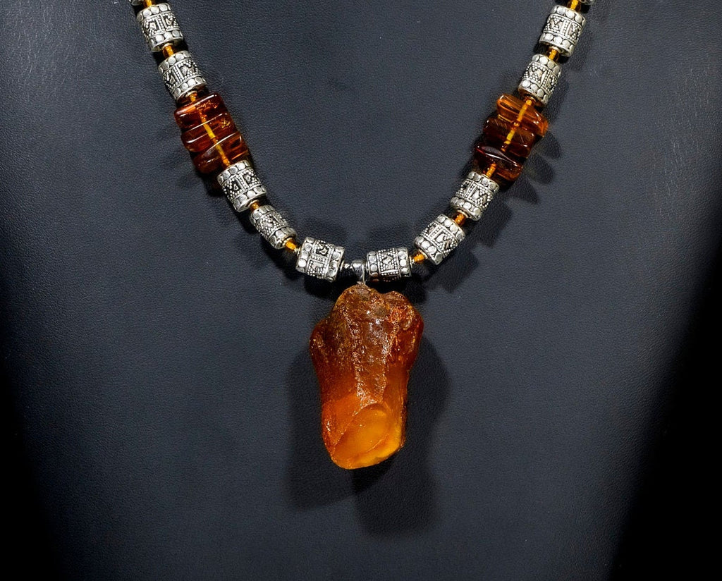 A Necklace of Very Rare Bitterfeld German Amber, Rovno Ukrainian Amber, Baltic Amber, and Vintage Sterling Silver (X09)