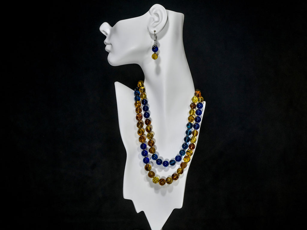 A Double-strand Necklace of Mexican Chiapas Amber and Blue Caribbean Amber