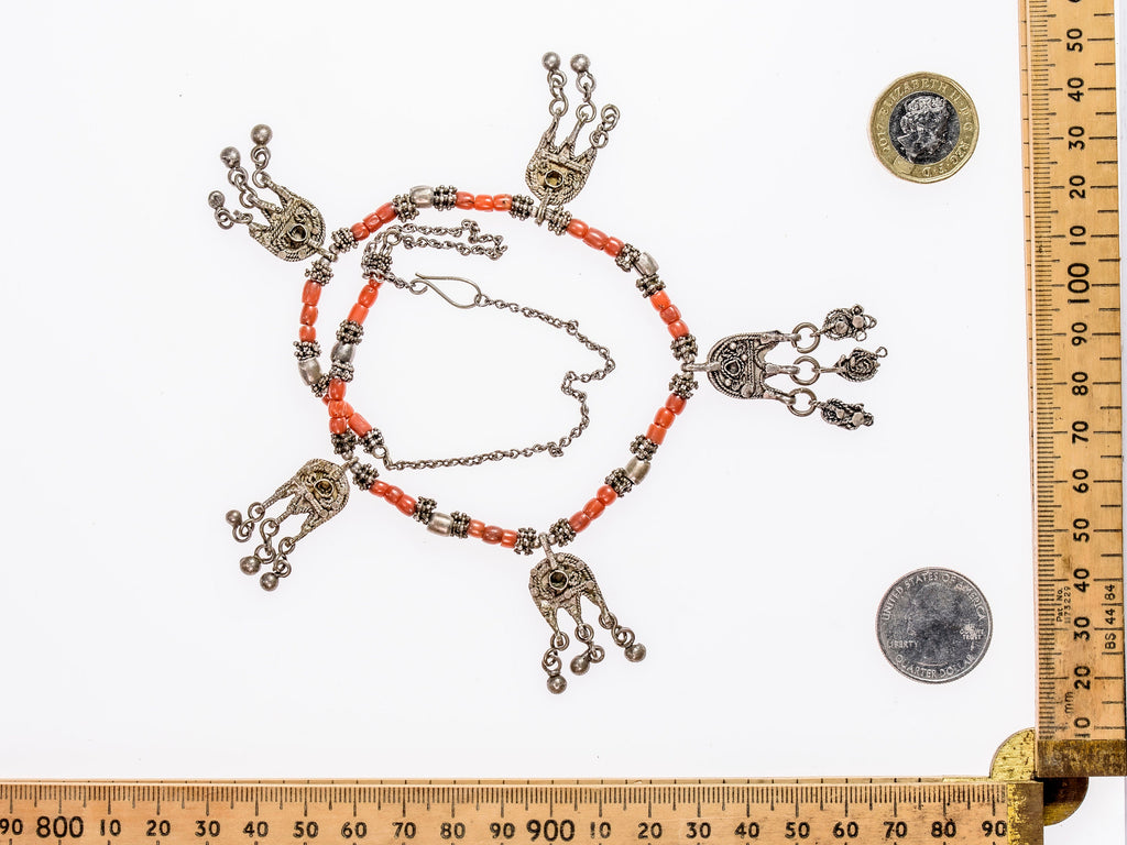 Antique Red Mediterranean Coral and Silver Amulets Necklace from Yemen YMS4