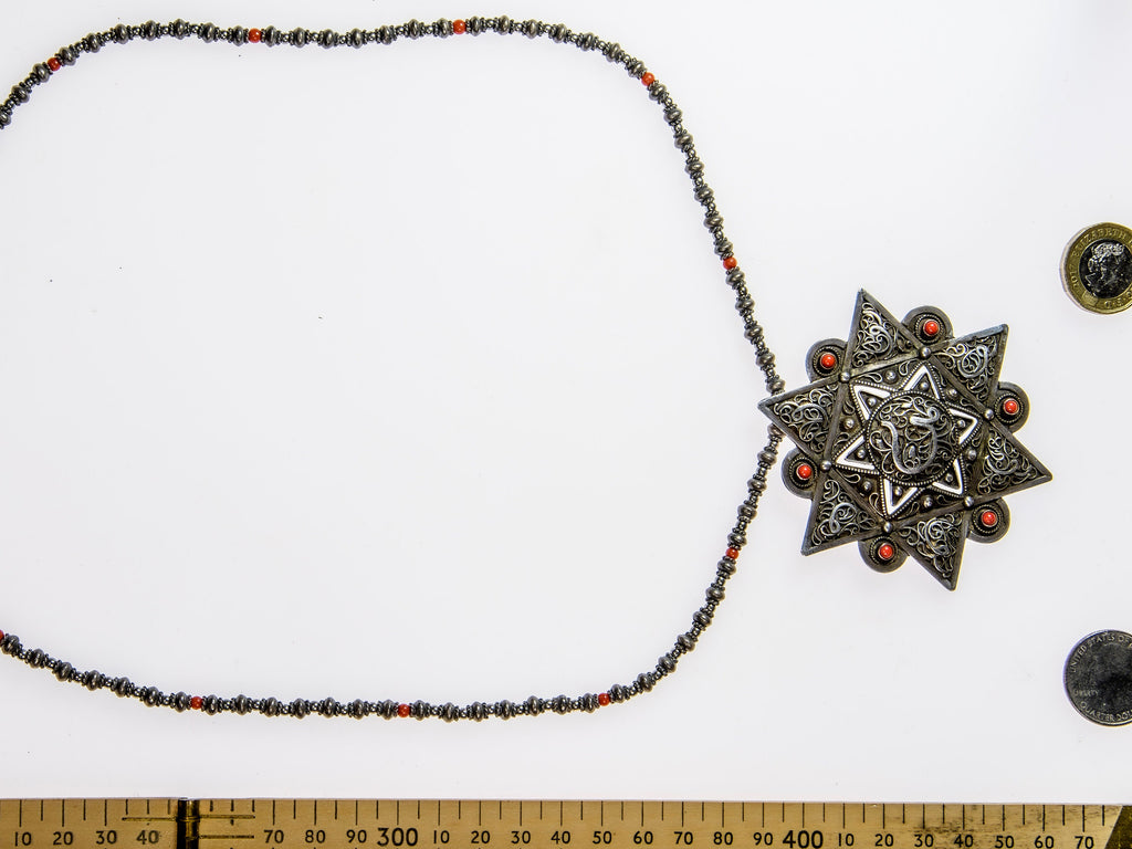 Antique Star Of David Silver Filigree Coral-Inlaid Pendant on Vintage Sterling Silver Beaded Chain  JD21_MG3