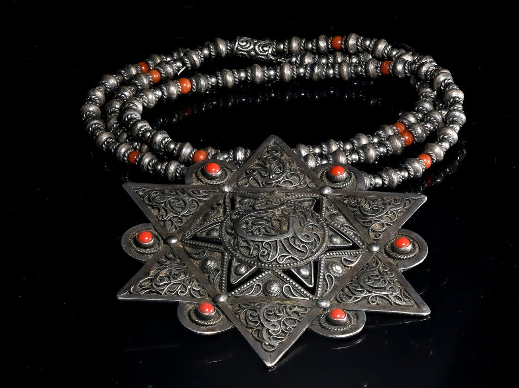 Antique Star Of David Silver Filigree Coral-Inlaid Pendant on Vintage Sterling Silver Beaded Chain  JD21_MG3
