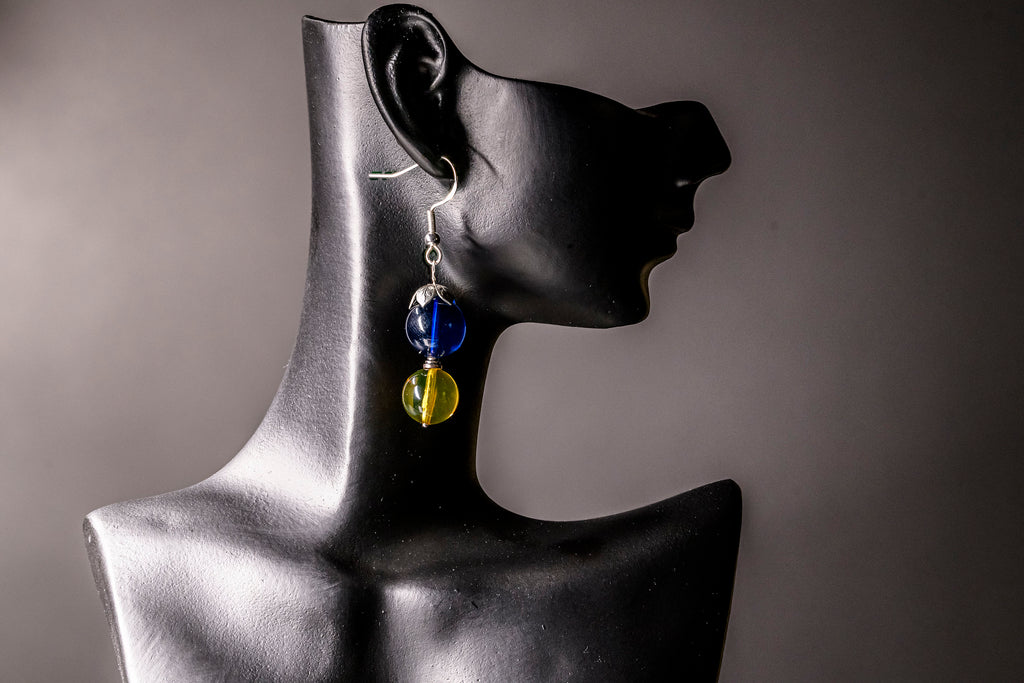 Earrings of Mexican Chiapas Amber and Blue Caribbean Amber and Sterling Silver