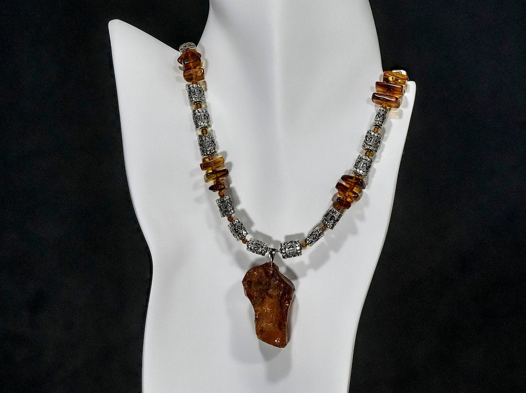A Necklace of Very Rare Bitterfeld German Amber, Rovno Ukrainian Amber, Baltic Amber, and Vintage Sterling Silver (X09)