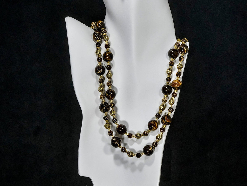 A Long Necklace of Rare Fushun Amber from China, 18K Gold Leaf "Lost Wax" beads, and 18K Gold Vermeil (X13)