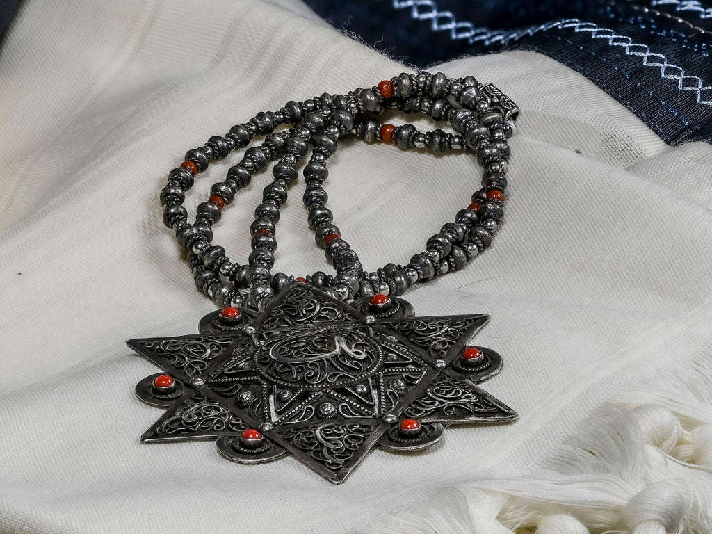 Antique Star Of David Silver Filigree Coral-Inlaid Pendant on Vintage Sterling Silver Beaded Chain  JD21_MG3