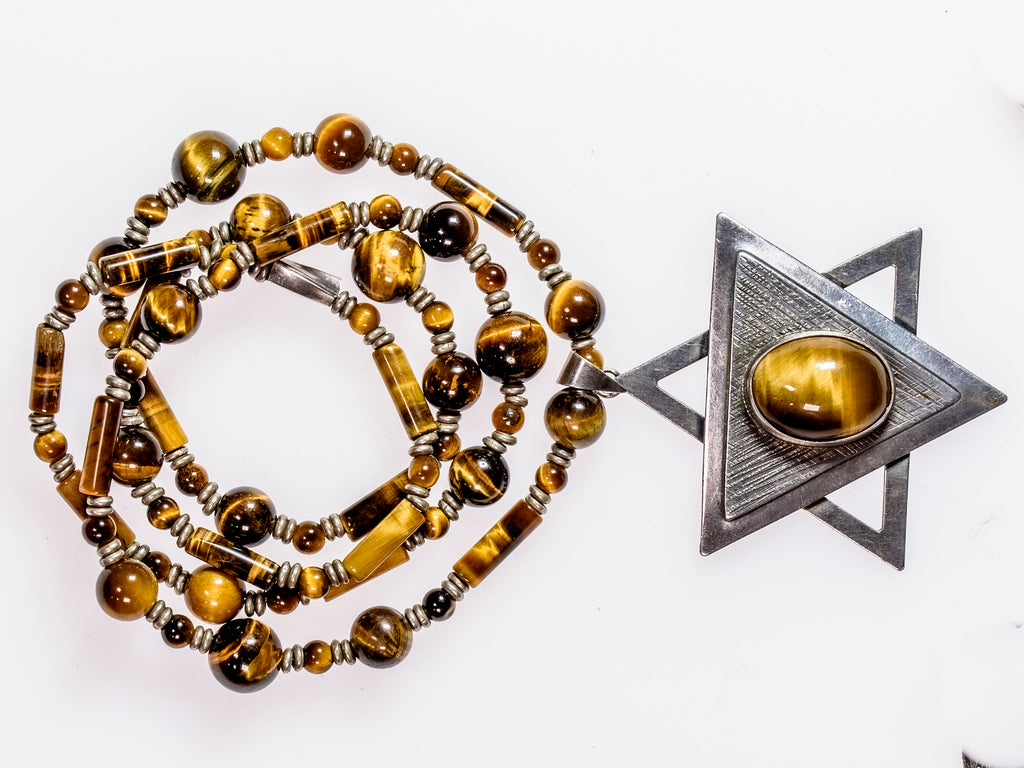 Necklace of  Large Tiger Eye and Vintage Filigree Sterling Silver Star of David with Tiger Eye stone TGE1