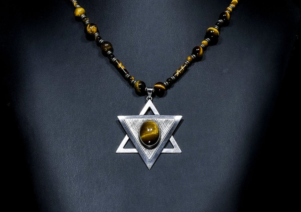 Necklace of  Large Tiger Eye and Vintage Filigree Sterling Silver Star of David with Tiger Eye stone TGE1