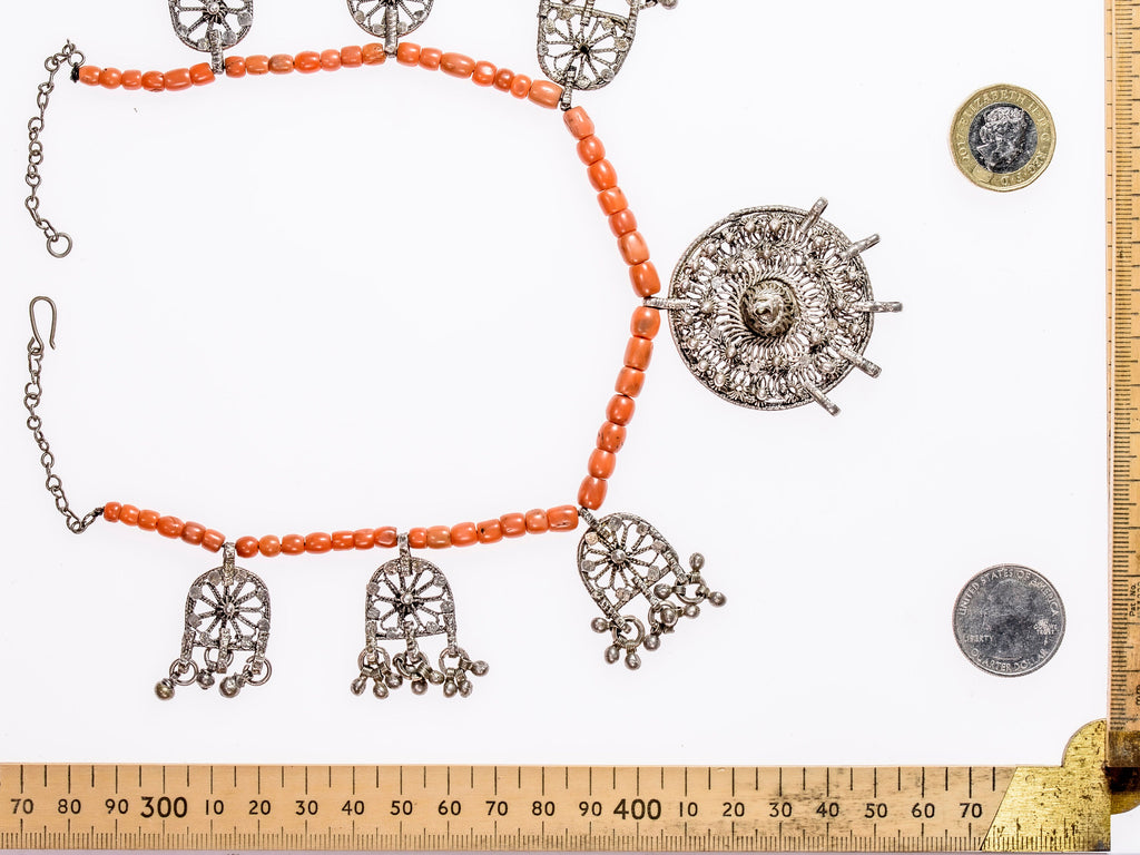 Antique Red Mediterranean Coral and Silver Amulets Necklace from Yemen YMS3