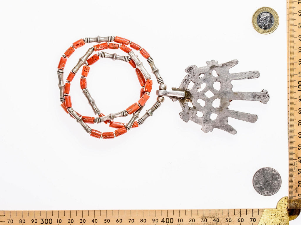 Moroccan Berber Silver and Coral Hamsa on a Necklace of Tuareg Silver and Mediterranean Coral JD1_HM2