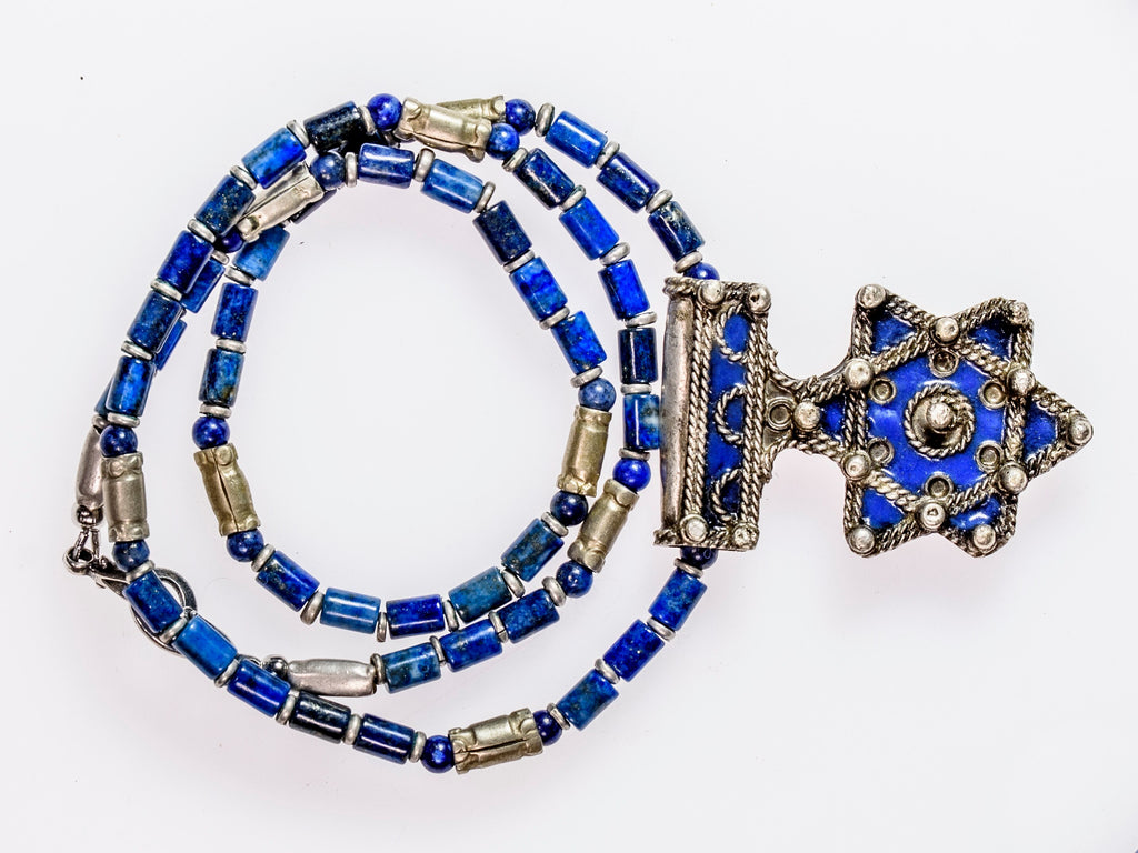 Berber Star of David, Lapis Lazuli and Yemenite Silver Necklace 0621
