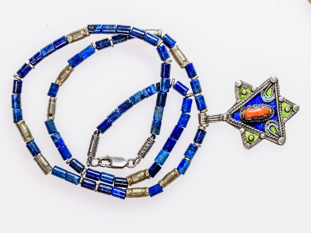 Berber Star of David, Lapis Lazuli and Yemenite Silver Necklace 0715X