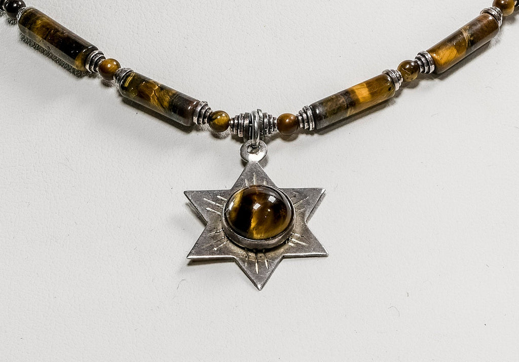 Necklace of Tiger Eye and Vintage Filigree Sterling Silver Star of David with Tiger Eye stone TGE2